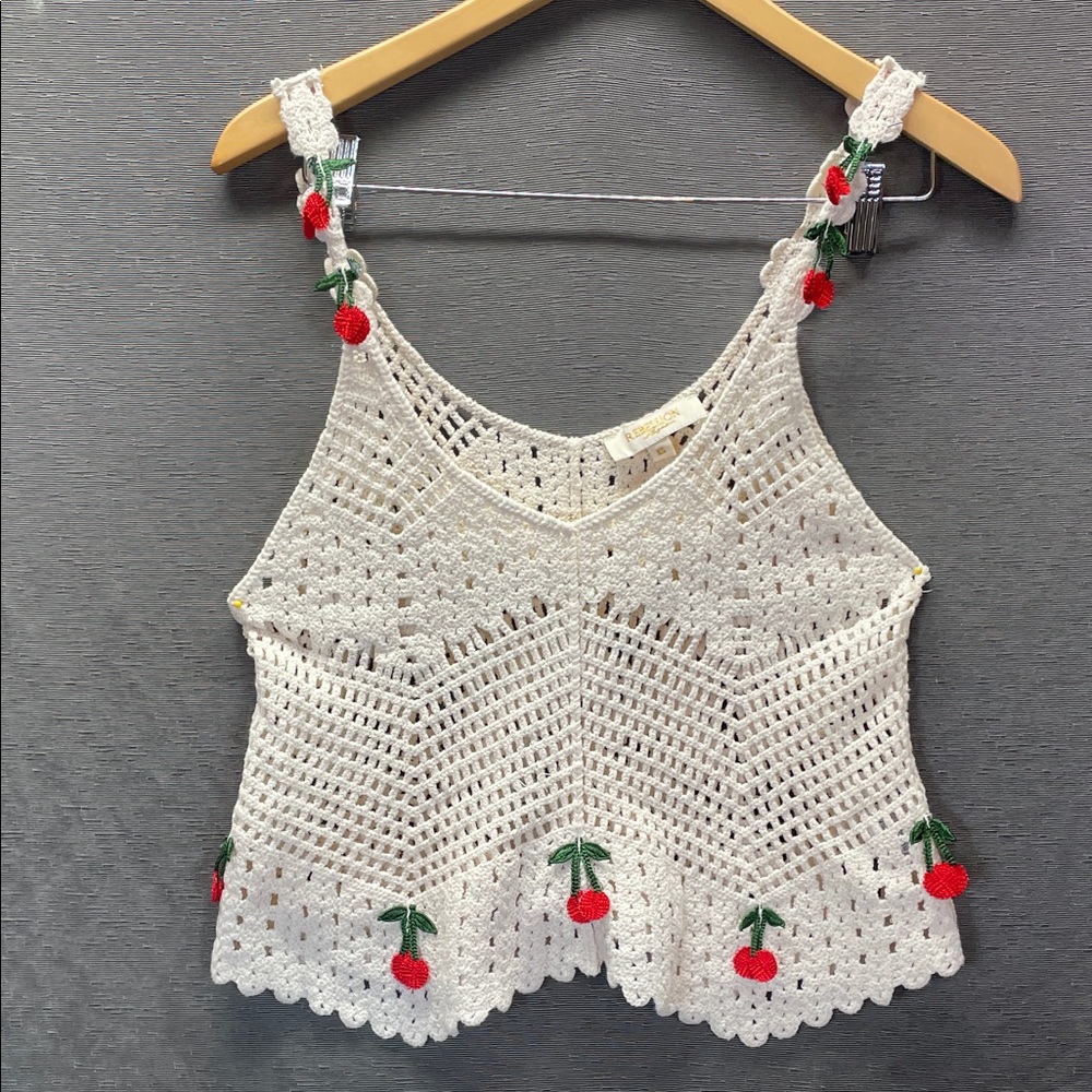 Rebellion Cream Crochet Tank with Red Cherry Details